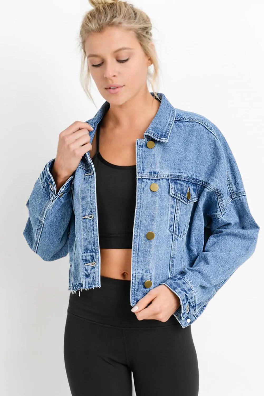 Sky Blue Medium Wash Chunky Cropped Denim Jacket - Chic Meadow Boutique 