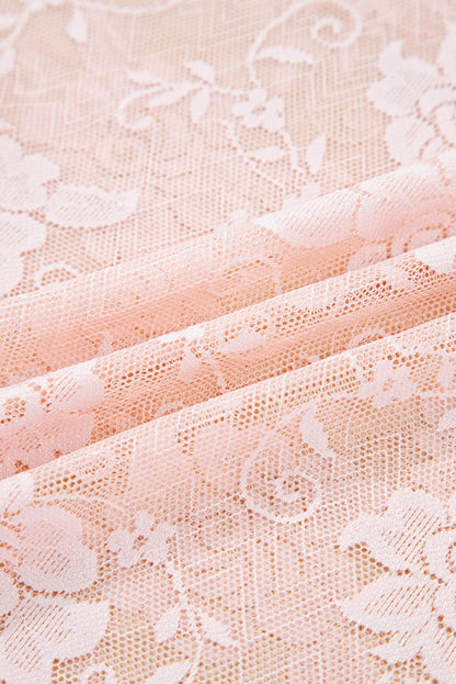 Apricot Pink Sheer Floral Lace Mesh Mock Neck Long Sleeve Top