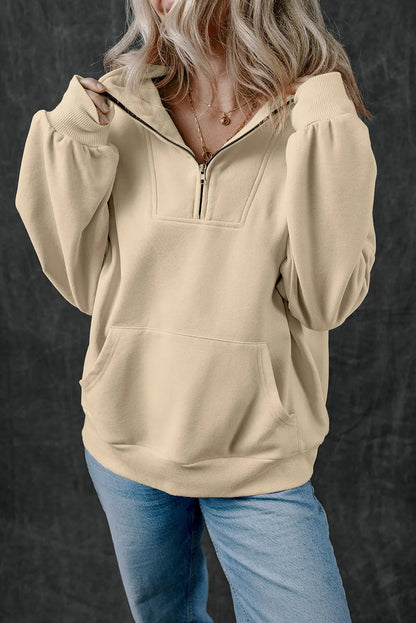 Smoke Gray Zip-up Stand Neck Kangaroo Pocket Sweatshirt - Chic Meadow Boutique 