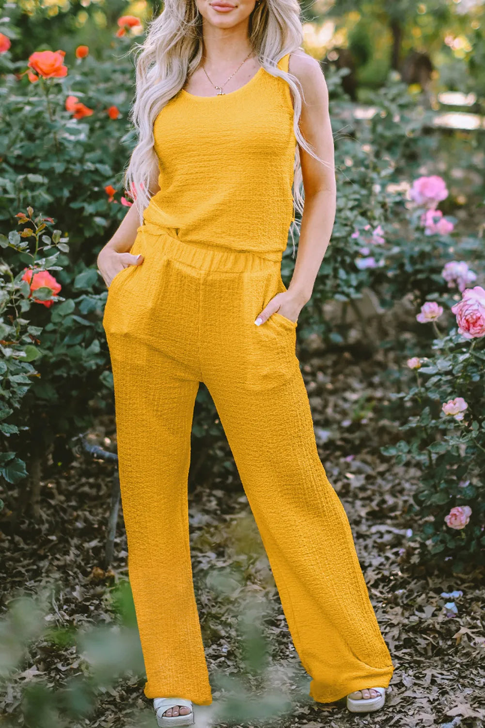 Yellow Crinkled U Neck Tank Top and Wide Leg Pants Set - Chic Meadow Boutique 