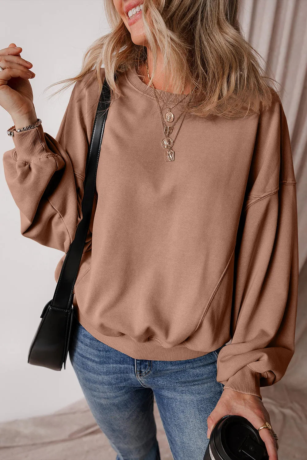 Chestnut Exposed Seam Batwing Sleeve Drop Shoulder Sweatshirt - Chic Meadow Boutique 