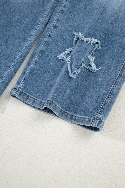 Stone Blue Star Patchwork Cropped Wide Leg High Waist Jeans