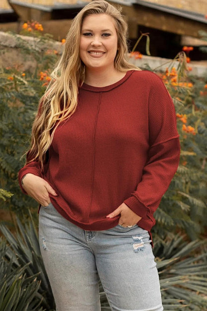 Plus Size/Plus Size Tops/Plus Size Long Sleeve Tops Gold Flame Exposed Seam Detail Waffle Knit Plus Size Top