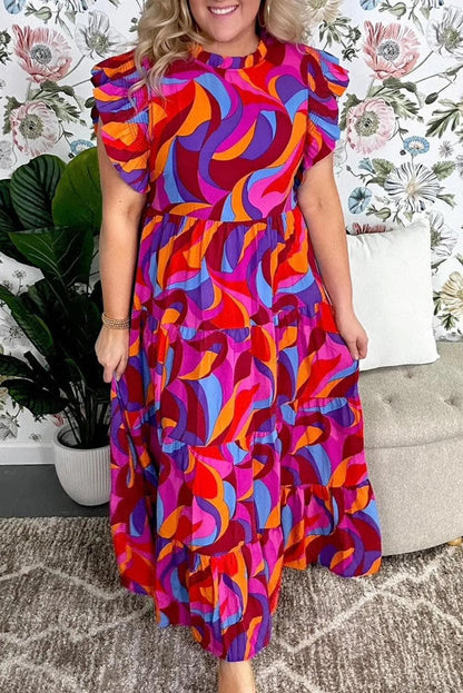 Plus Size/Plus Size Dresses/Plus Size Maxi Dresses Multicolour / 1X / 100%Polyester Multicolour Plus Abstract Print Ruffled Mock Neck Tiered Maxi Dress