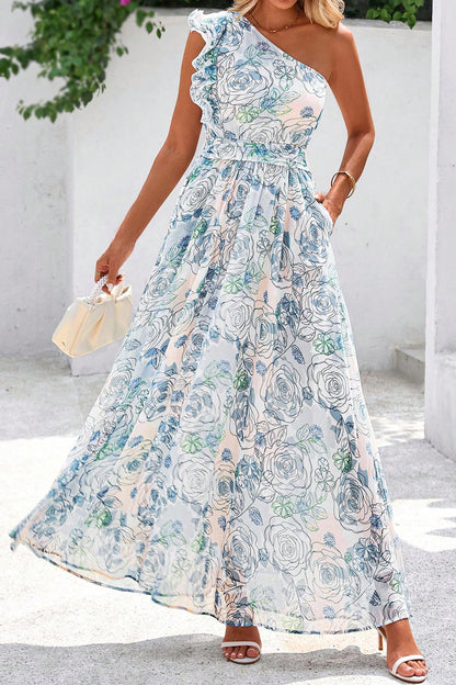 Sky Blue Floral Print Ruffled One Shoulder Vacation Maxi Dress