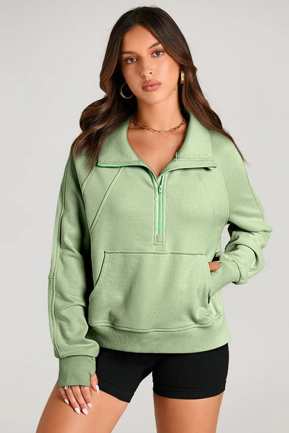 Smoke Green Quarter Zip Stand Neck Kangaroo Pocket Sweatshirt - Chic Meadow Boutique 