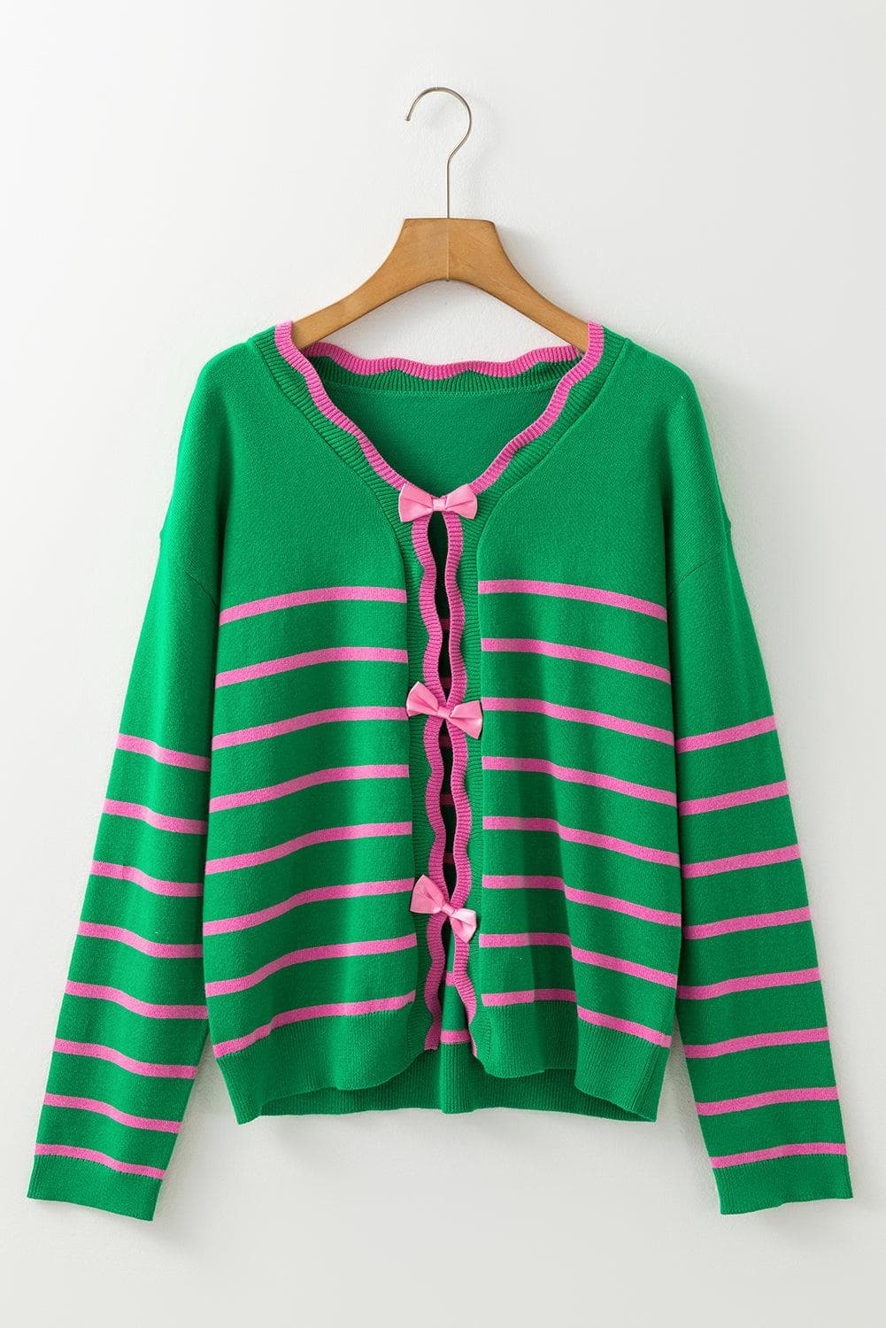 Sweaters & Cardigans/Cardigans Green Stripe Ribbon Cute Bow Detail Sweater Knit Cardigan