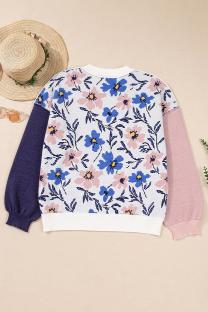 Khaki Floral Panel Colorblock Sleeve Patchwork Sweater
