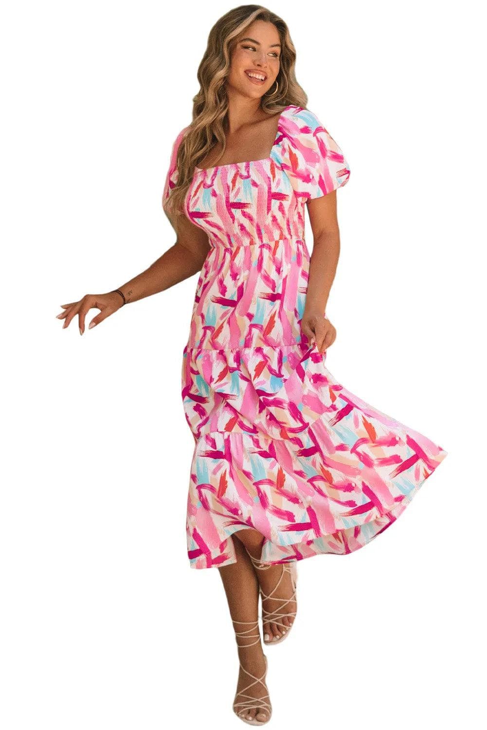 Dresses/Midi Dresses Pink Brush Stroke Printed Smocked Ruffle Tiered Dress