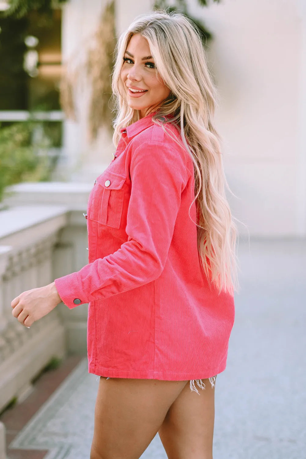 Pink Buttoned Flap Pocket Corduroy Jacket - Chic Meadow Boutique 