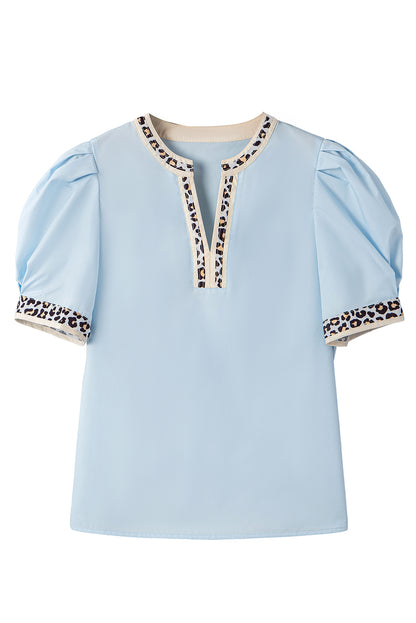 Beau Blue Contrast Leopard Trim Split Neck Puff Sleeve Blouse