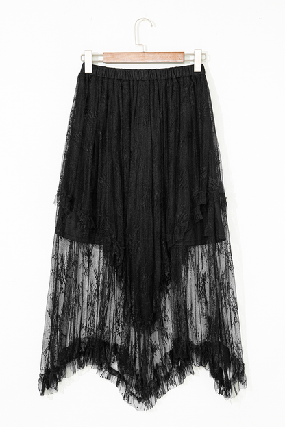 Black Lace Cascading Tiered High Waist Maxi Skirt