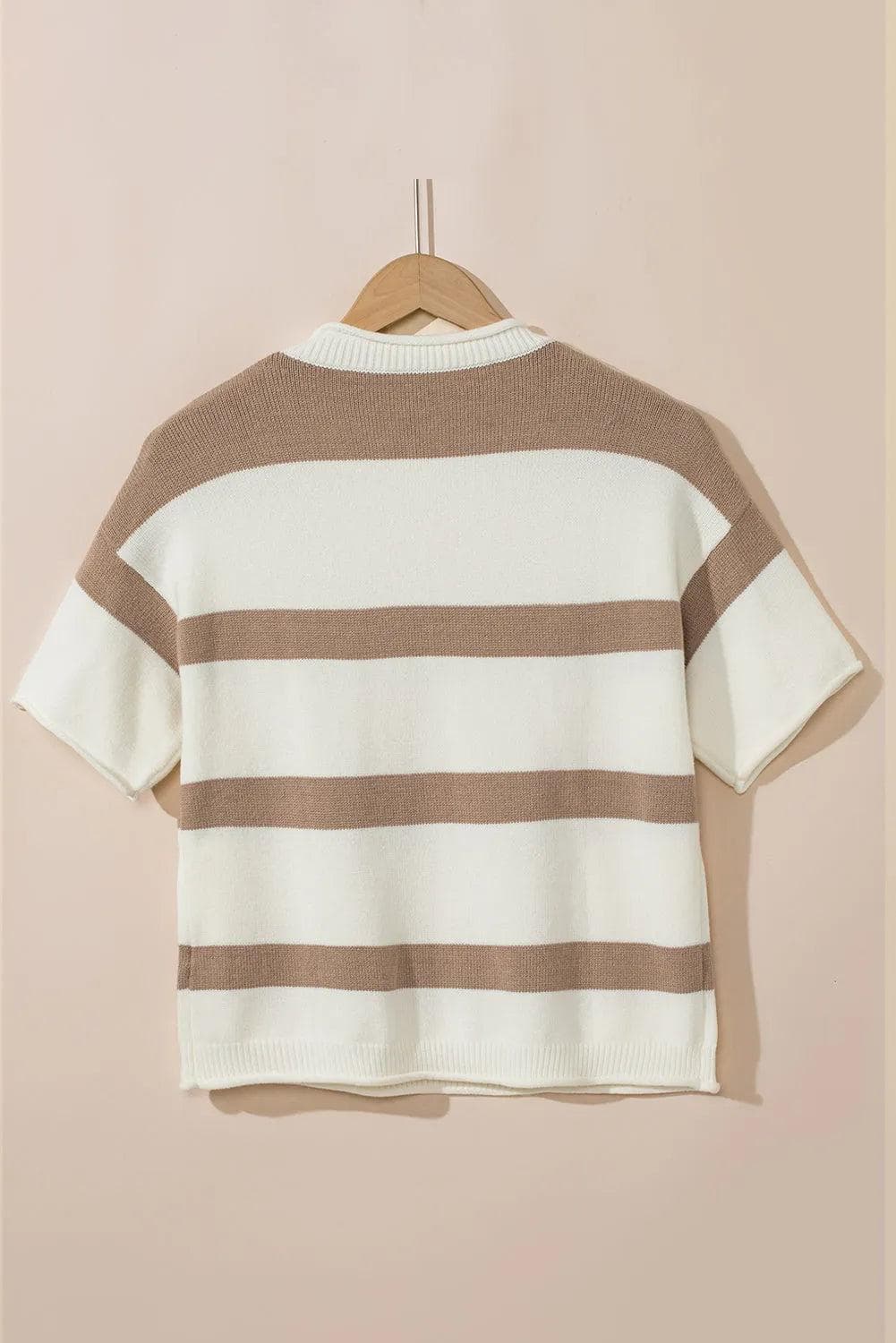 Khaki Stripe Dropped Short Sleeve Lightweight Knitted Top - Chic Meadow Boutique 