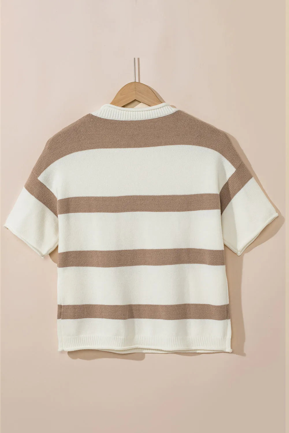 Khaki Stripe Dropped Short Sleeve Lightweight Knitted Top - Chic Meadow Boutique 