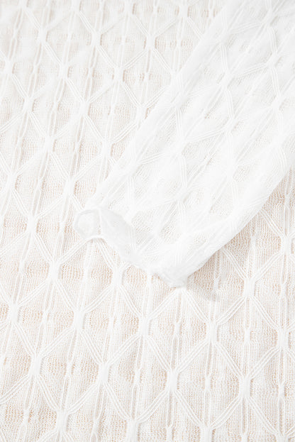 Beige Sheer Mesh Patterned Lettuce Trim Slim Long Sleeve Top