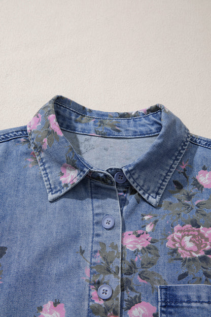 Blue Bracelet Sleeve Floral Denim Shirt