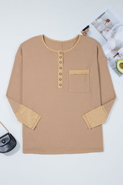 Dark Khaki Color Block Waffle Textured Tunic Henley Top with Slits