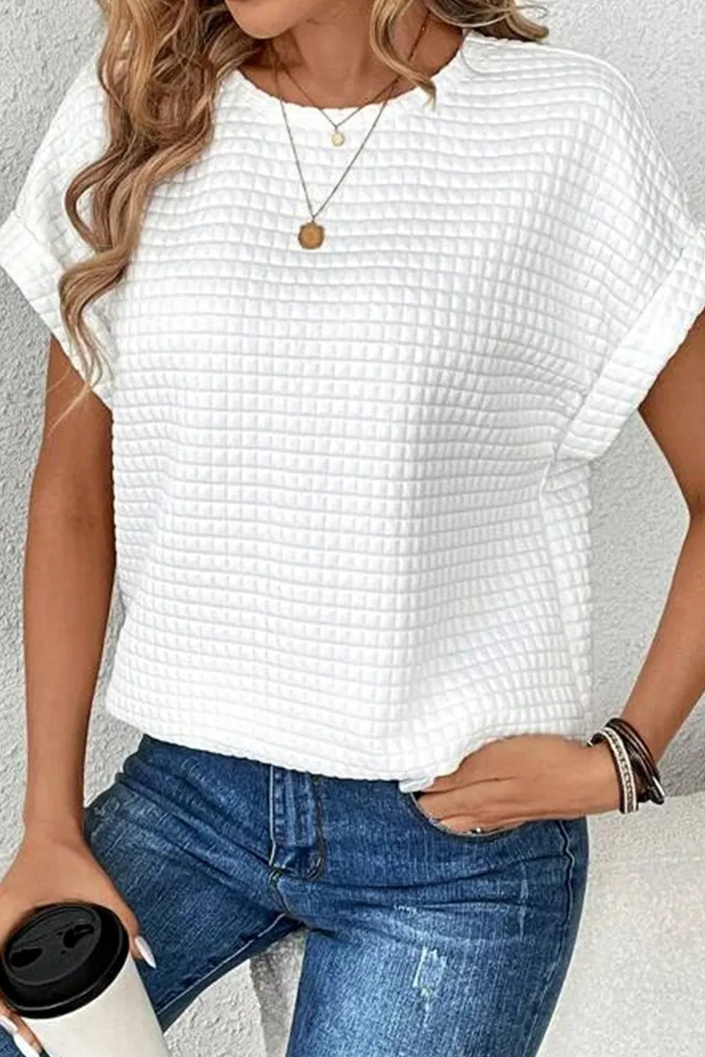 White Checkered Textured Bat Sleeve T Shirt - Chic Meadow Boutique 