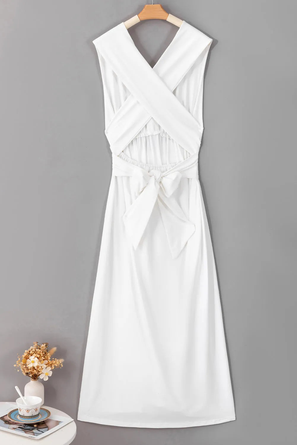 White Sleeveless Ruched High Split Cutout Back Maxi Dress - Chic Meadow Boutique 