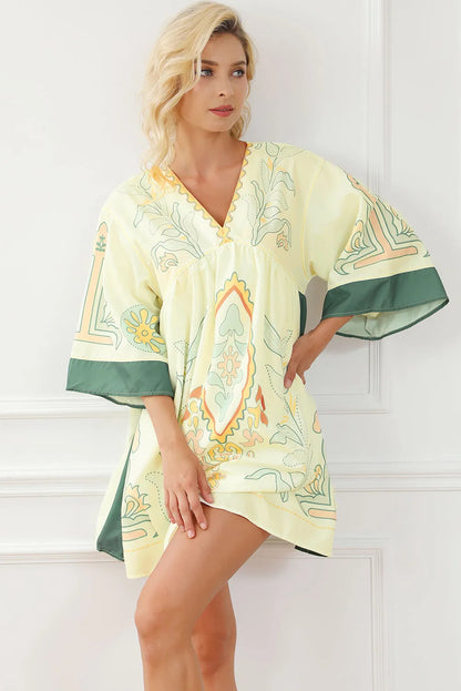 Multicolour Boho Print V Neck Empire Waist Short Kimono Dress - Chic Meadow Boutique 