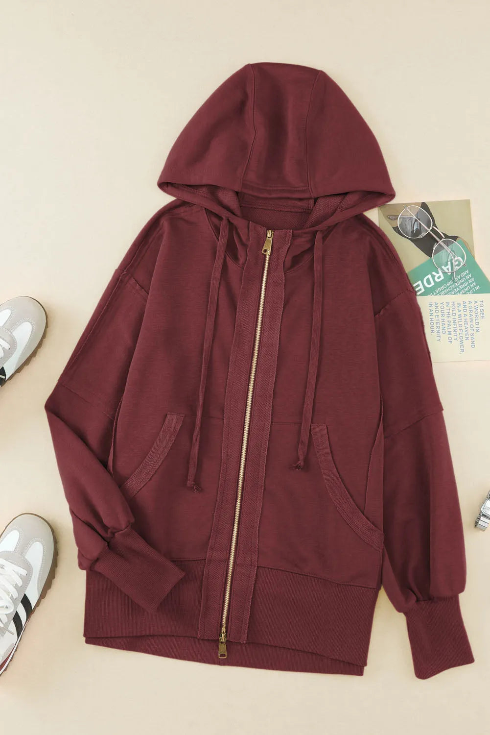 Brown Raw Edge Exposed Seam Full Zip Hoodie - Chic Meadow Boutique 