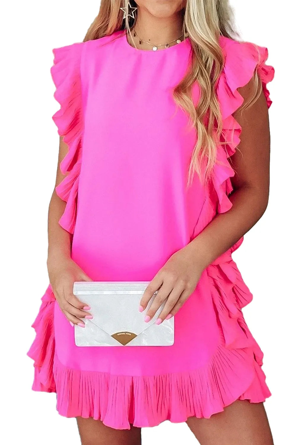 Bright Pink Solid Ruffled Edge Keyhole Back Mini Dress - Chic Meadow Boutique 