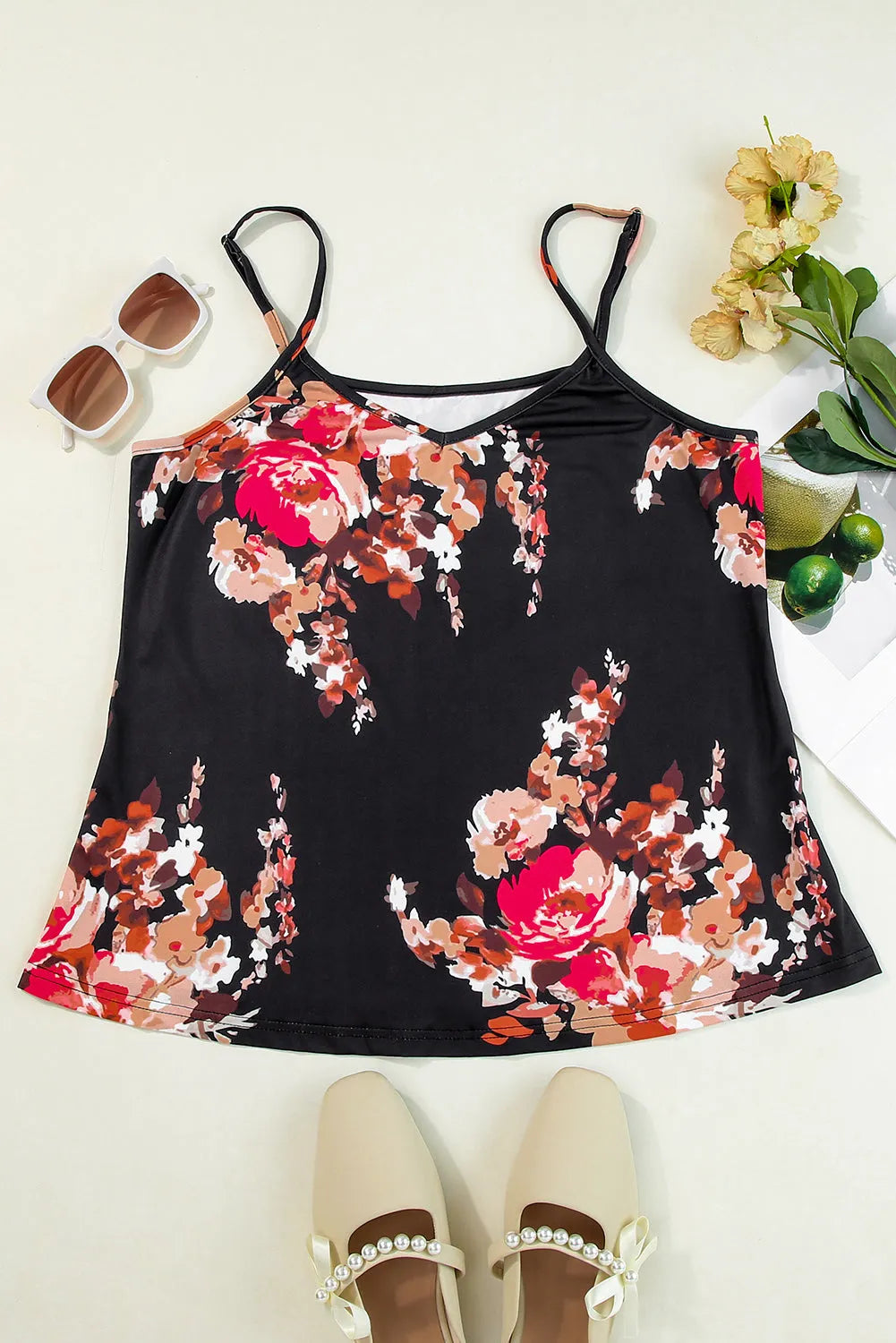 Black Floral Print Adjustable Spaghetti Strap V Neck Tank Top - Chic Meadow Boutique 