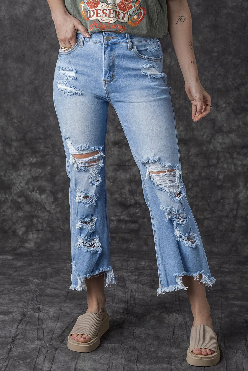 Sky Blue Heavy Destroyed High Waist Jeans - Chic Meadow Boutique 