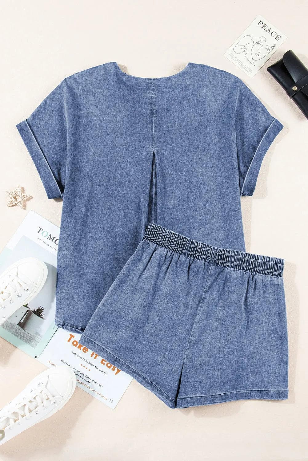 Light Blue Denim Cuffed Sleeve Tee Elastic Shorts Set - Chic Meadow Boutique 