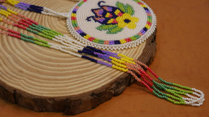 Native American Cream Flower Beaded medallion Necklace