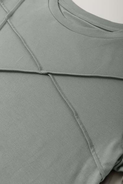 Medium Grey Solid Color Toothpick Stripe Round Neck T Shirt