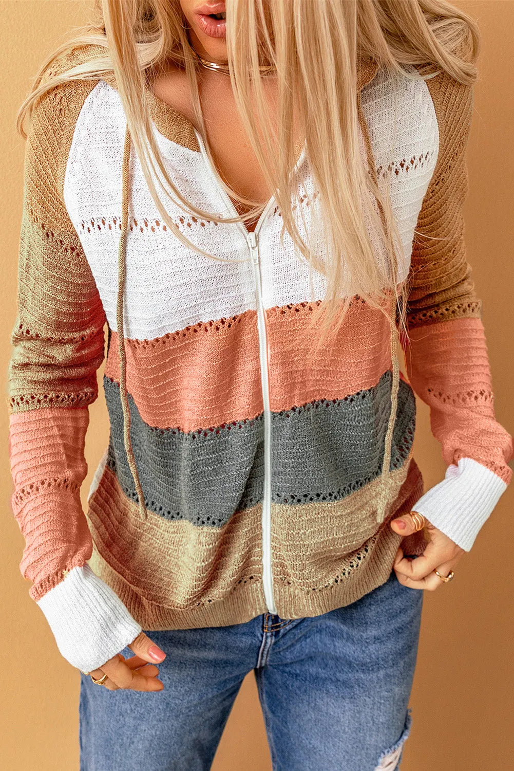 Multicolor Zipped Front Colorblock Hollow-out Knit Hoodie - Chic Meadow Boutique 