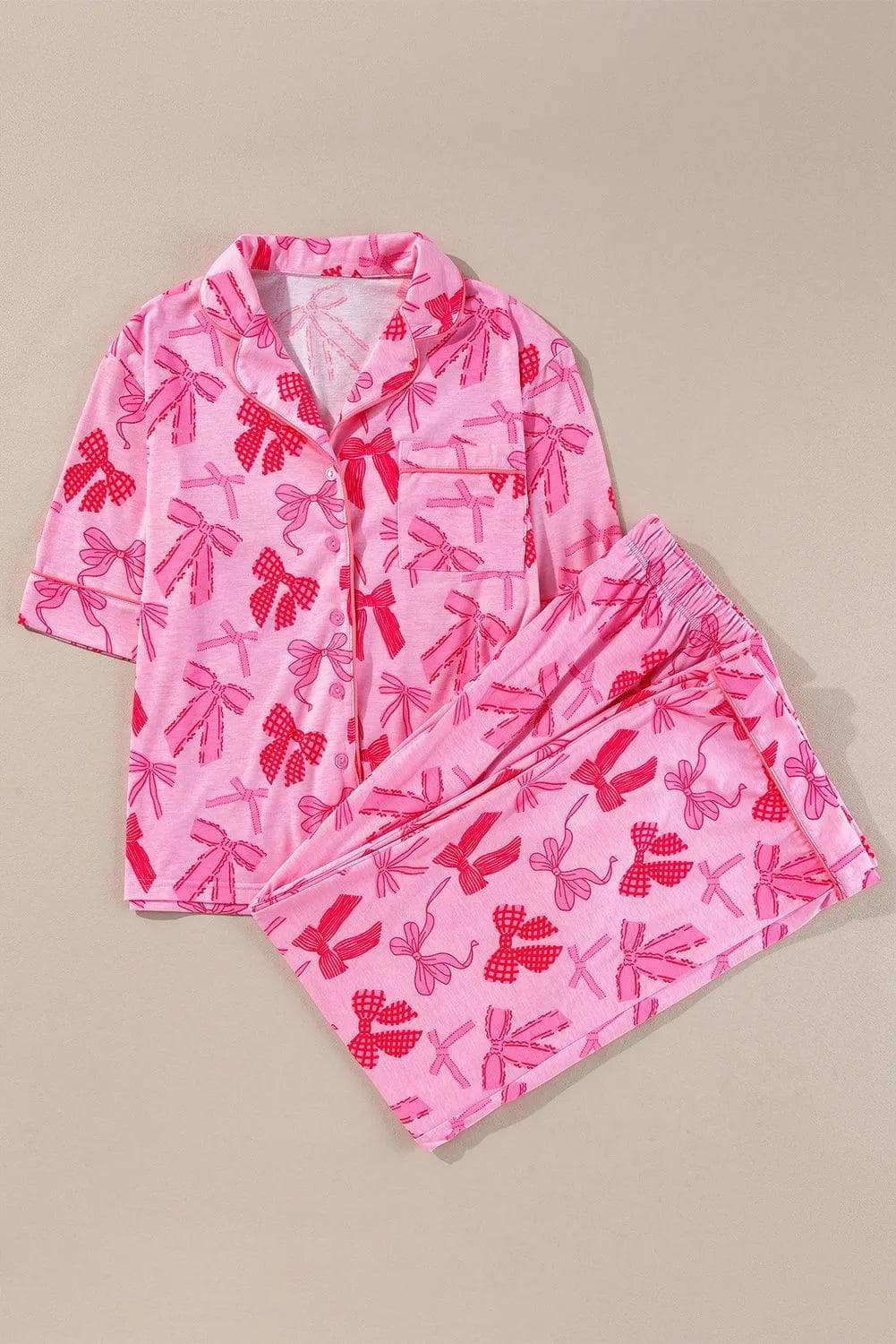 Loungewear & Sleepwear/Sleepwear Pink Bow Knot Print Lapel Collar Short Sleeve and Pants Pajamas Set