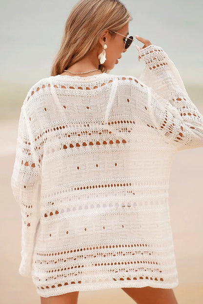 White Lace-up V Neck Hollow Out Knitted Long Sleeve Cover Up - Chic Meadow Boutique 