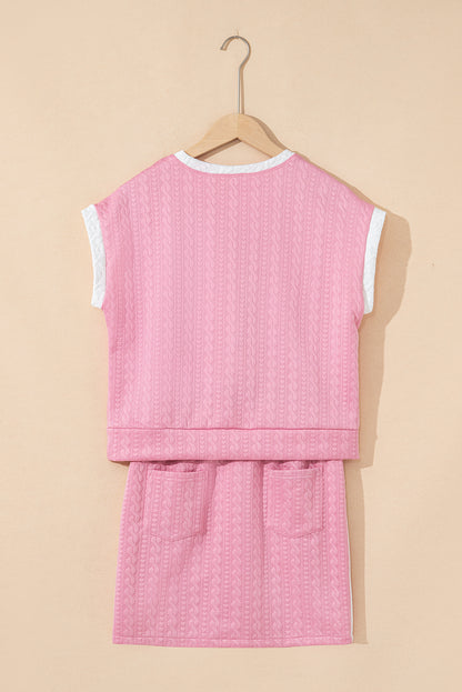 Pink Contrast Trim Textured Crewneck Tee and Pocketed Skirt Set