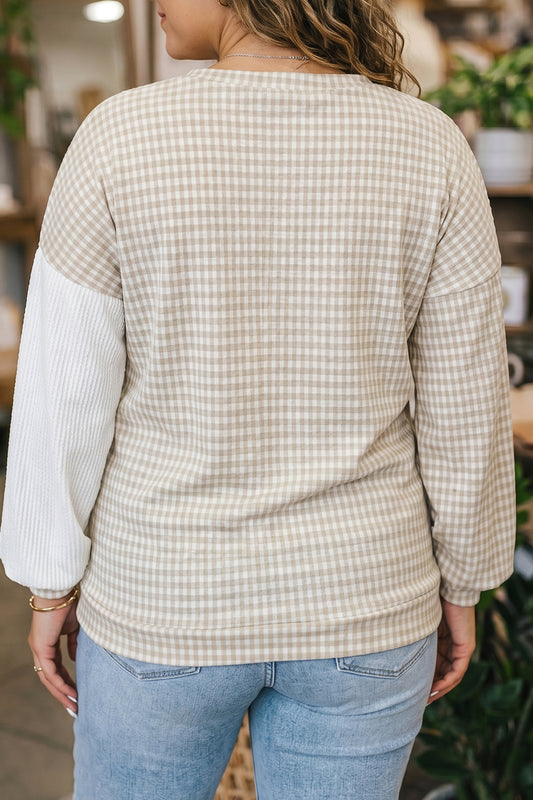 Khaki Patchwork Checkered Long Sleeve Round Neck Plus Size Blouse