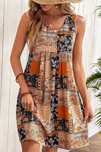 Orange Retro Floral Patchwork Print Sleeveless Mini Dress - Chic Meadow Boutique 