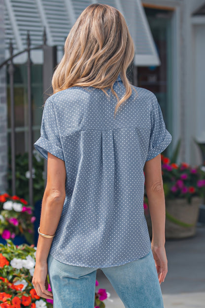 Sky Blue Dotted Print Cuffed Short Sleeve Shirt