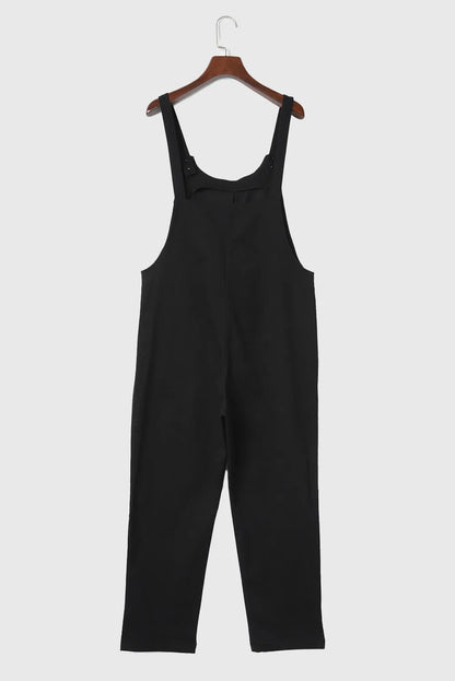 Black Button Straps Pocketed Cropped Jumpsuit - Chic Meadow Boutique 