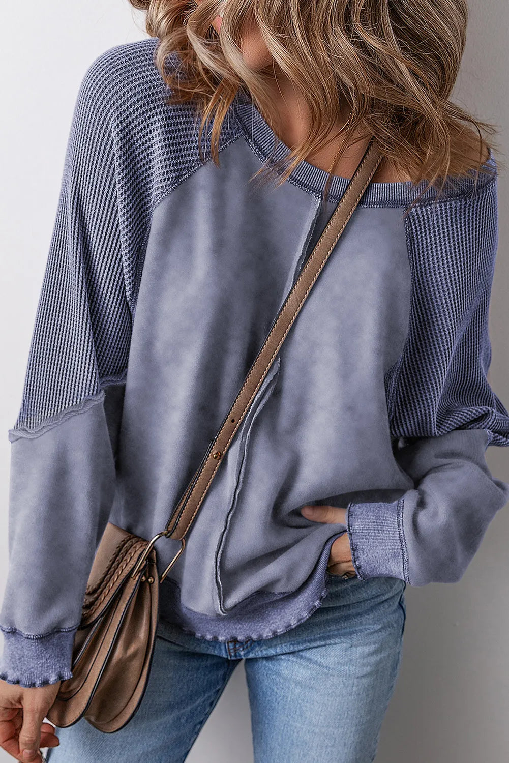 Sail Blue Solid Waffle Knit Patchwork Raglan Sleeve Sweatshirt - Chic Meadow Boutique 