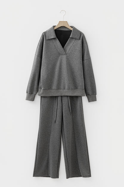 Medium Grey Collared V Neck Pullover Sweatshirt Sweatpants Set
