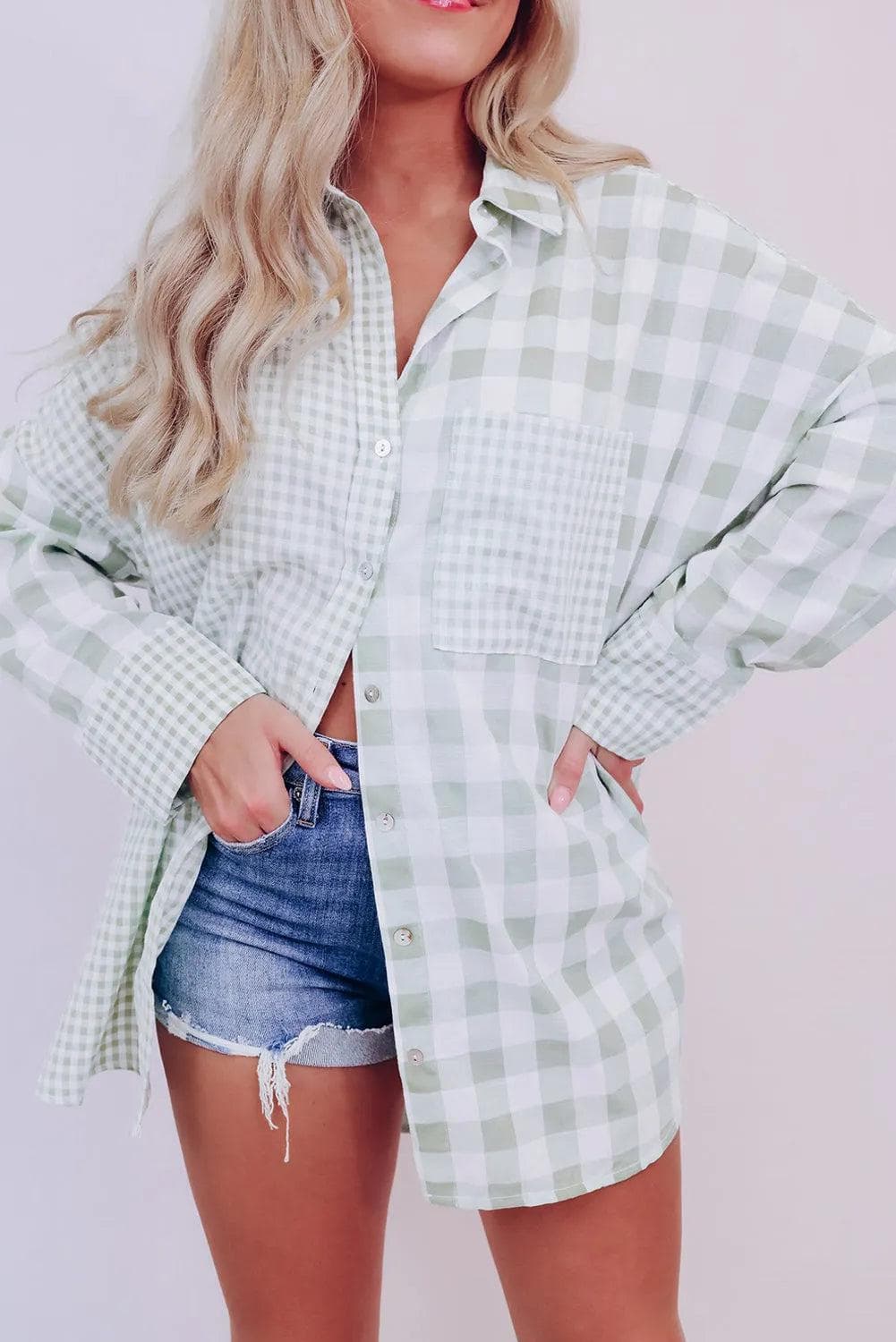 Tops/Blouses & Shirts Green Mix Checked Patchwork Long Sleeve Shirt