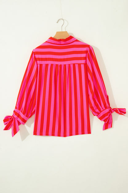 Red Stripe Tie Puff Sleeve Womens Button Down Shirt