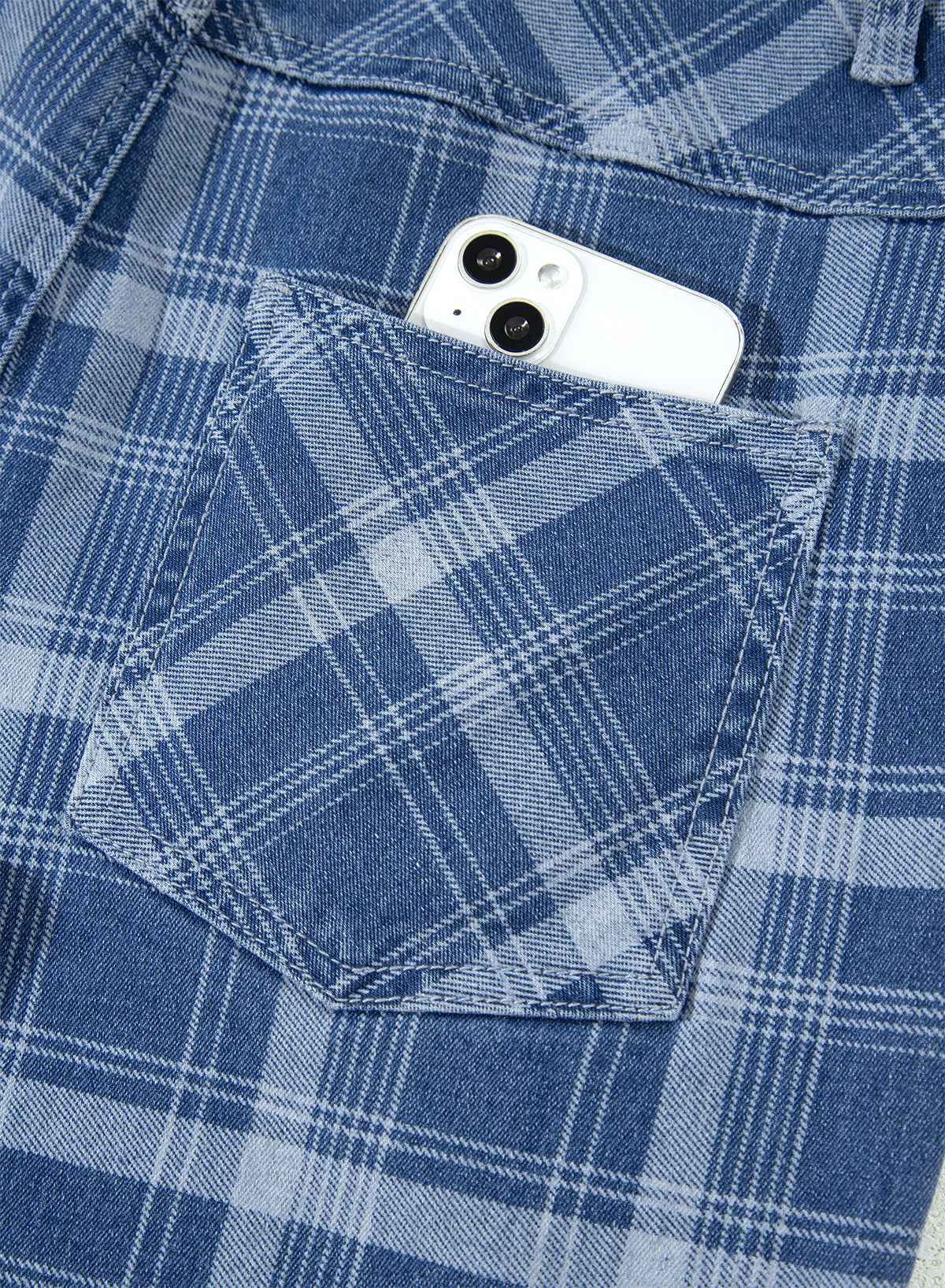 Sky Blue Plaid Denim Grommet Drawstring Waist Ankle-Length Jeans