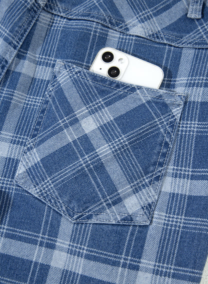 Sky Blue Plaid Denim Grommet Drawstring Waist Ankle-Length Jeans