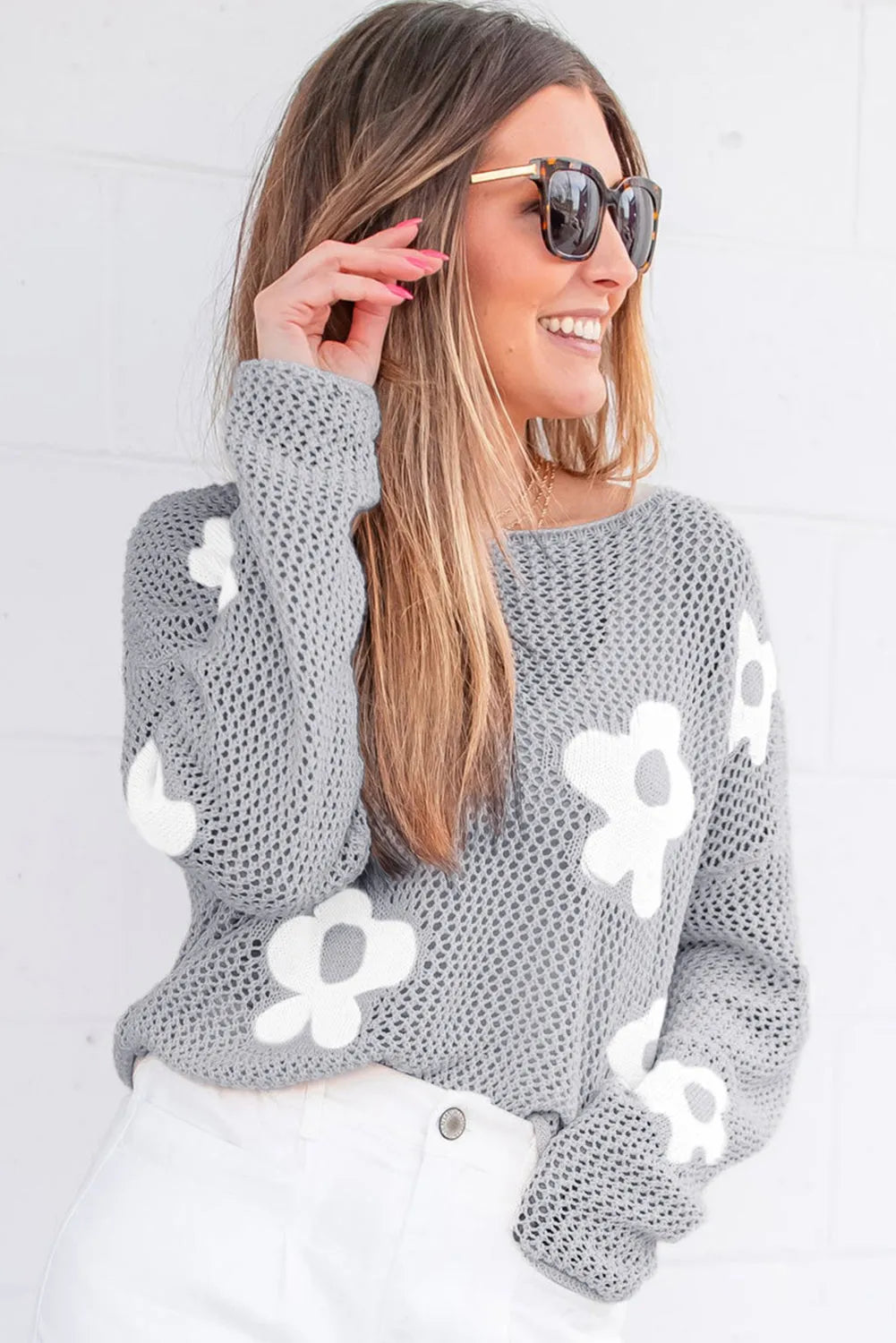 Light Grey Big Flower Hollowed Knit Drop Shoulder Sweater - Chic Meadow Boutique 