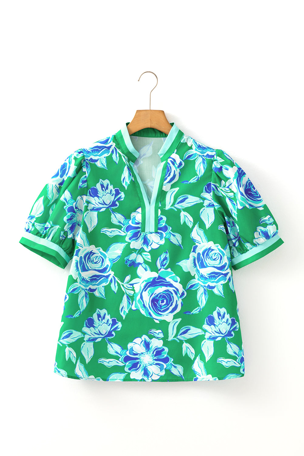 Bright Green Rose Floral Print Puff Short Sleeve Summer Blouse