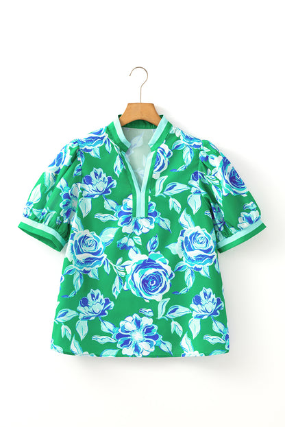Bright Green Rose Floral Print Puff Short Sleeve Summer Blouse