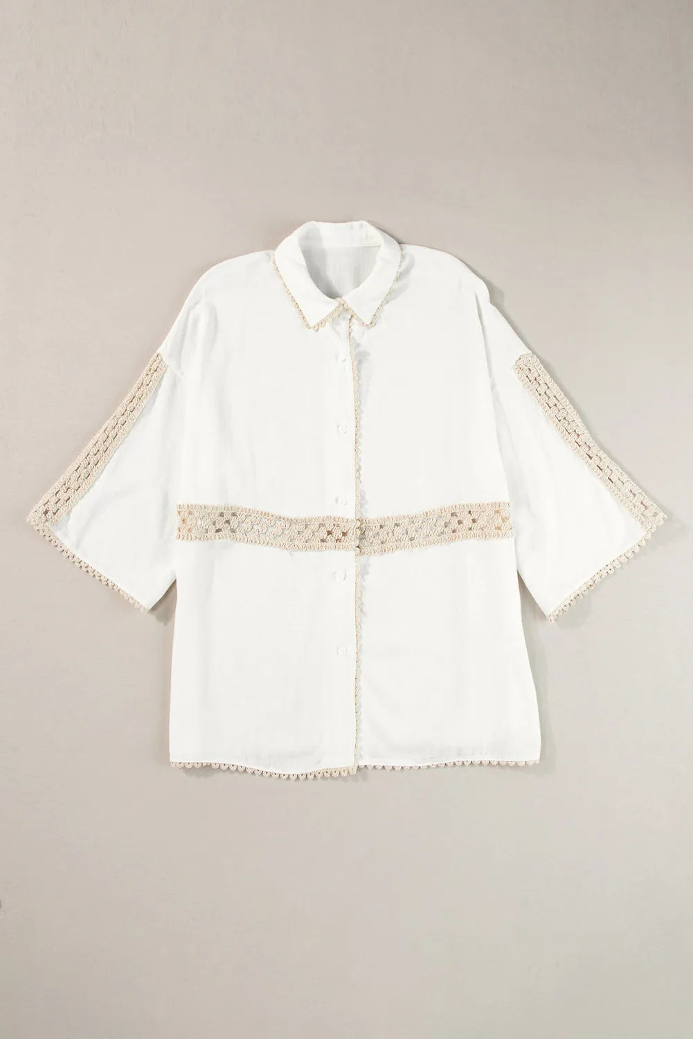 White Crochet Patchwork Half Sleeve Scallop Edge Shirt - Chic Meadow Boutique 