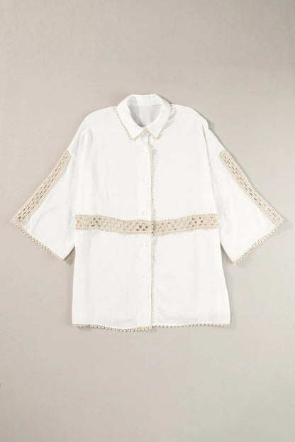 White Crochet Patchwork Half Sleeve Scallop Edge Shirt - Chic Meadow Boutique 